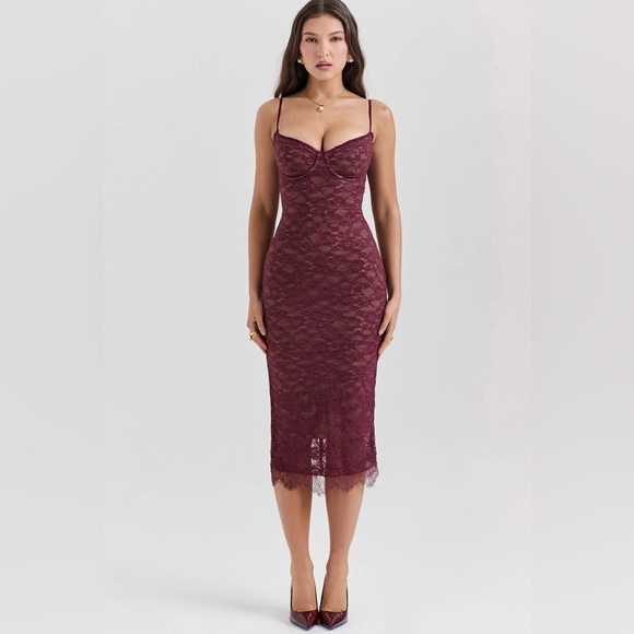 HOUSE OF CB 'Melina' Mulberry Lace Midi Dress Burgundy Red